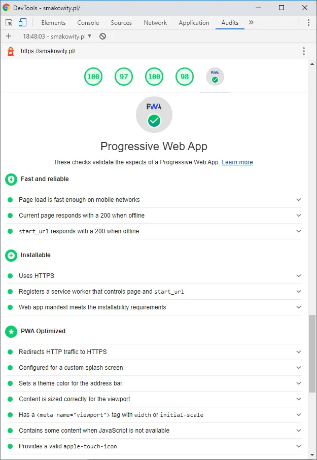 PWA audit in Lighthouse