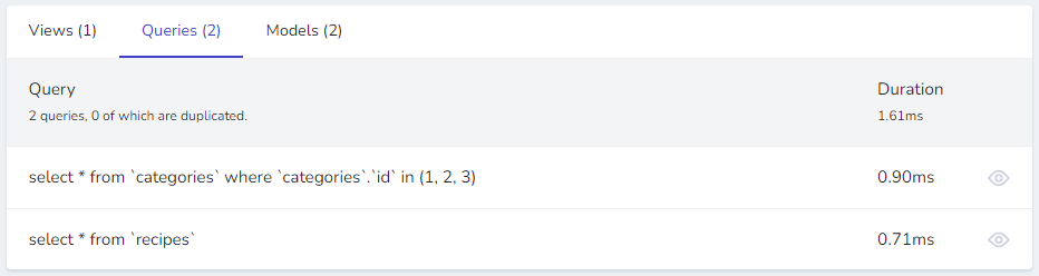 SQL queries shown by Laravel Telescope