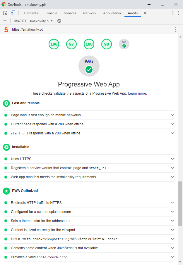 PWA audit in Lighthouse